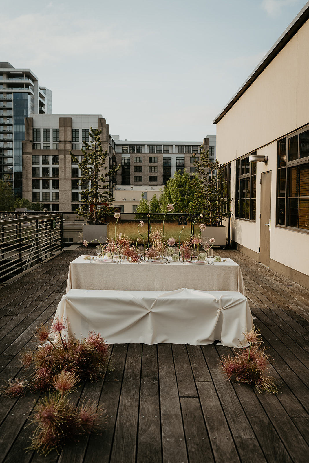 A decorated table on a rooftop in Portland.