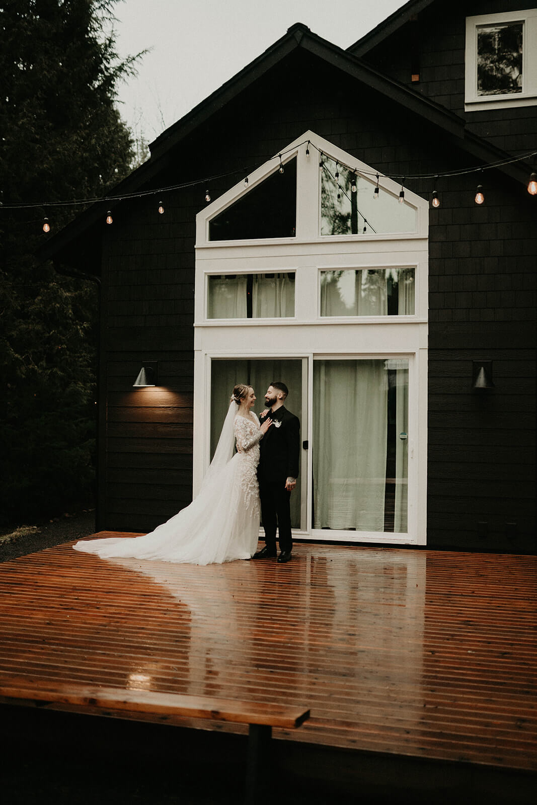 Bride and groom portraits at cozy cabin in Mt Rainier