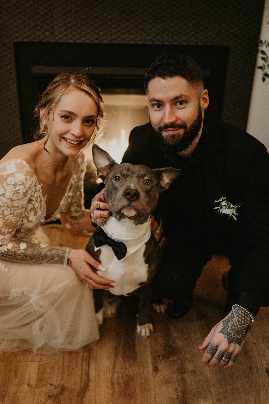 Bride and groom portraits with dog at cozy cabin in Mount Rainier