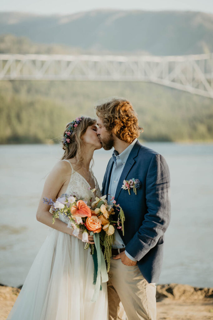 Bride and groom portrait photos at elopement styled shoot at Cascade Locks