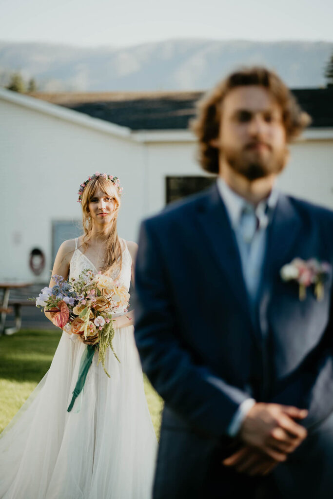 Bride and groom first look for elopement styled shoot