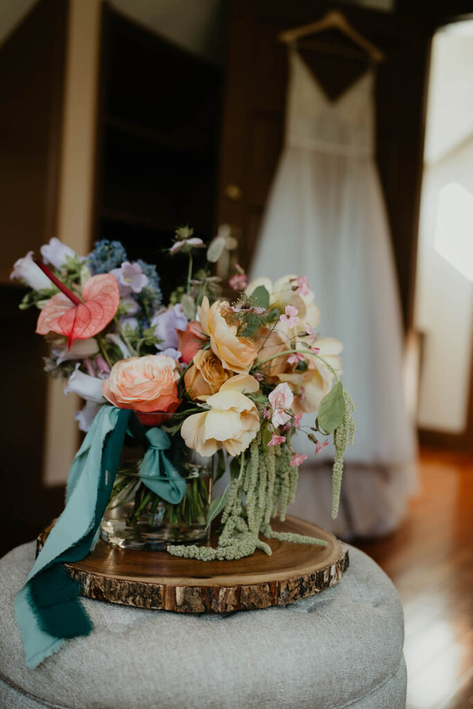 Colorful wedding floral bouquet for styled photo shoot