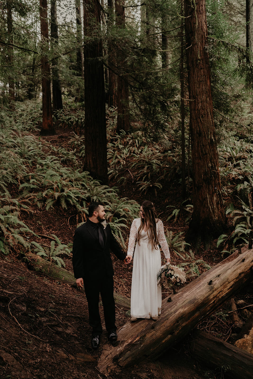 Bride and groom portraits at forest wedding in Oregon