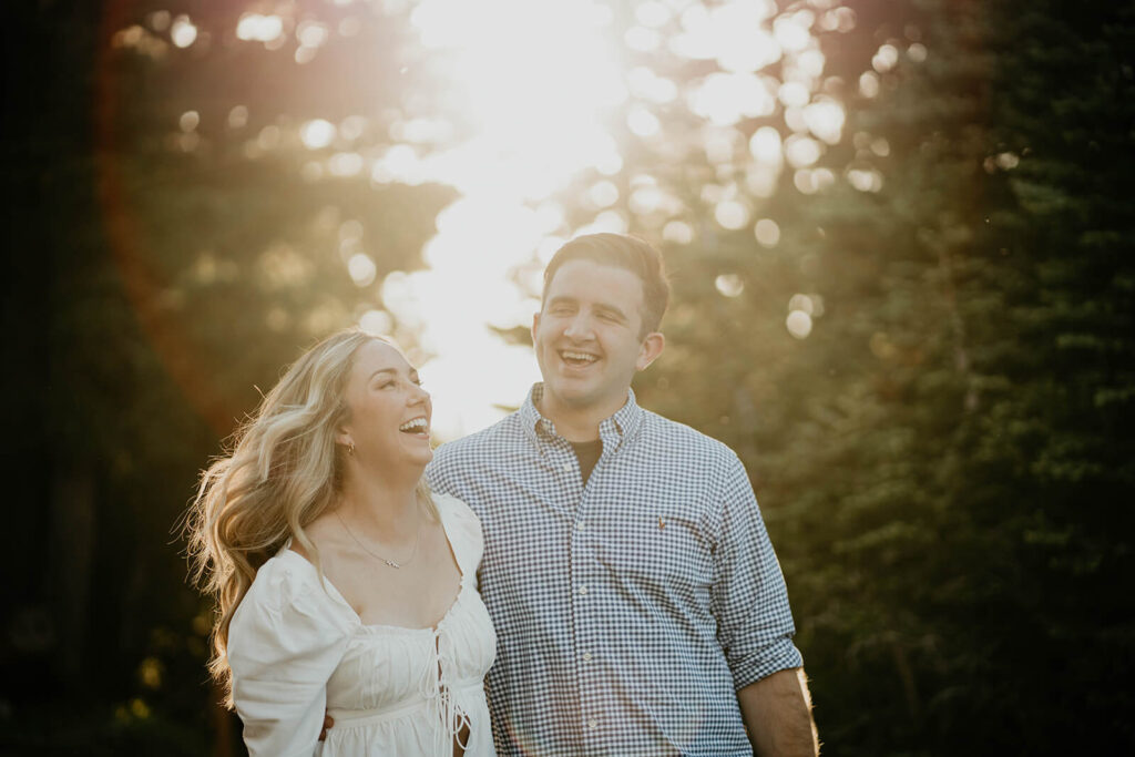 Couple laughing during Mt Hood engagement session