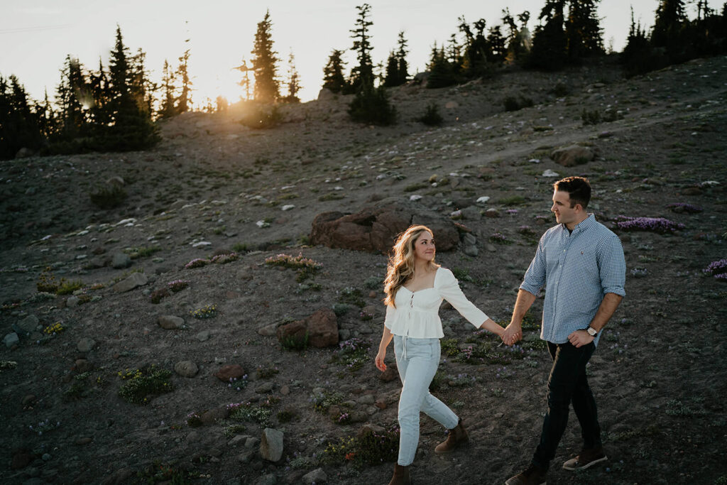 Couple holding hands during Mt Hood engagement session