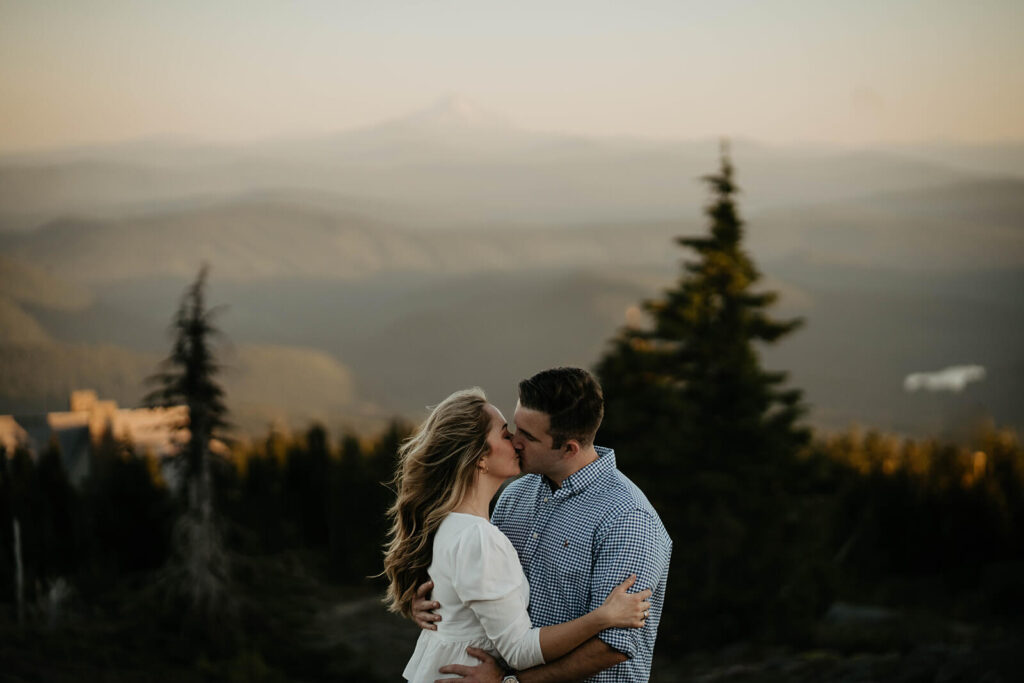 Couple kissing during Mt Hood engagement session