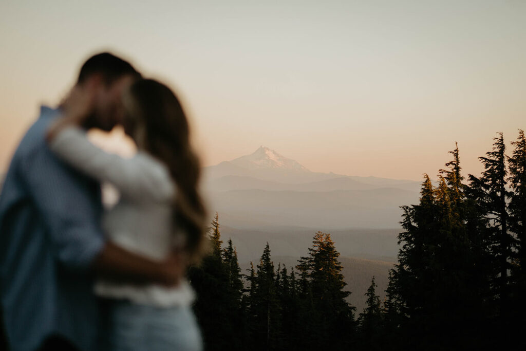 Couple kissing during Mount Hood engagement session
