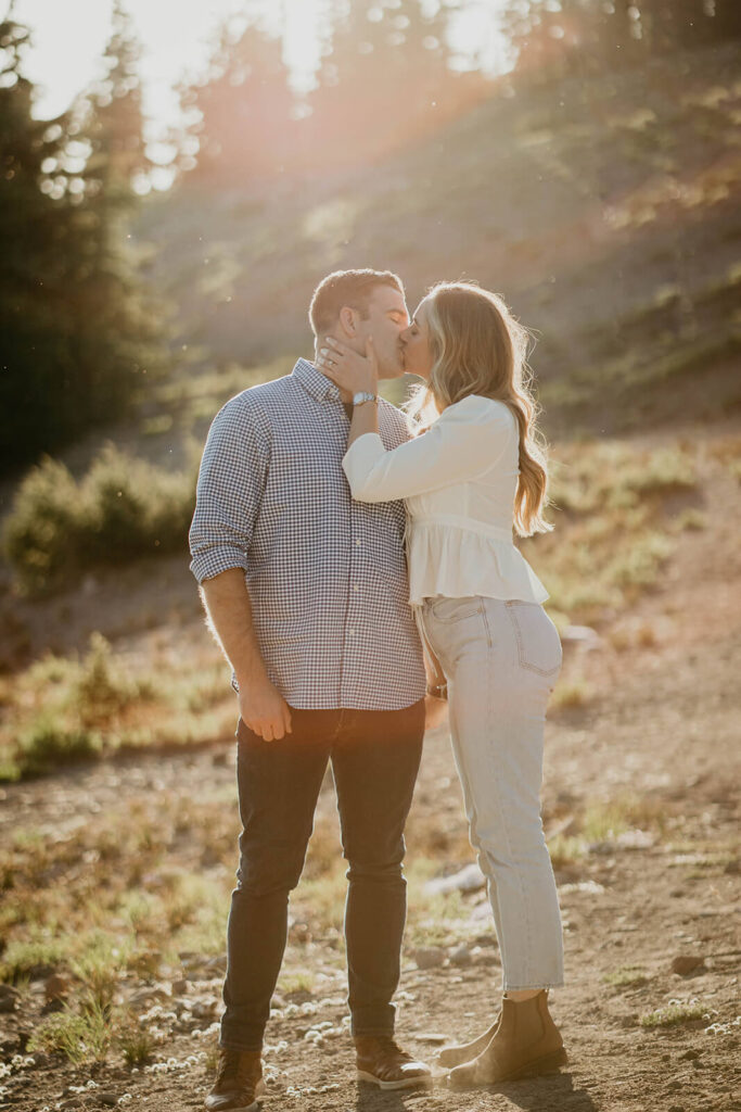 Couple kissing during Mt Hood engagement photo session