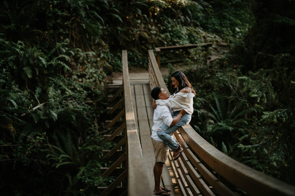 Two women hugging during Oregon engagement session