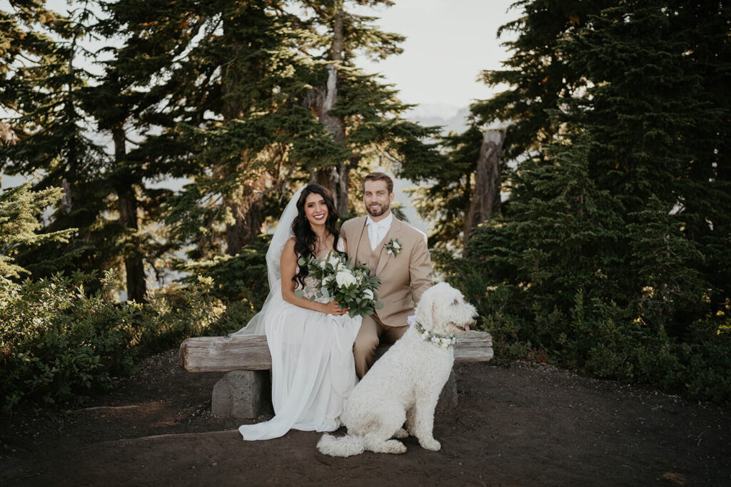 Bride and groom couple portraits with golden doodle in the North Cascades