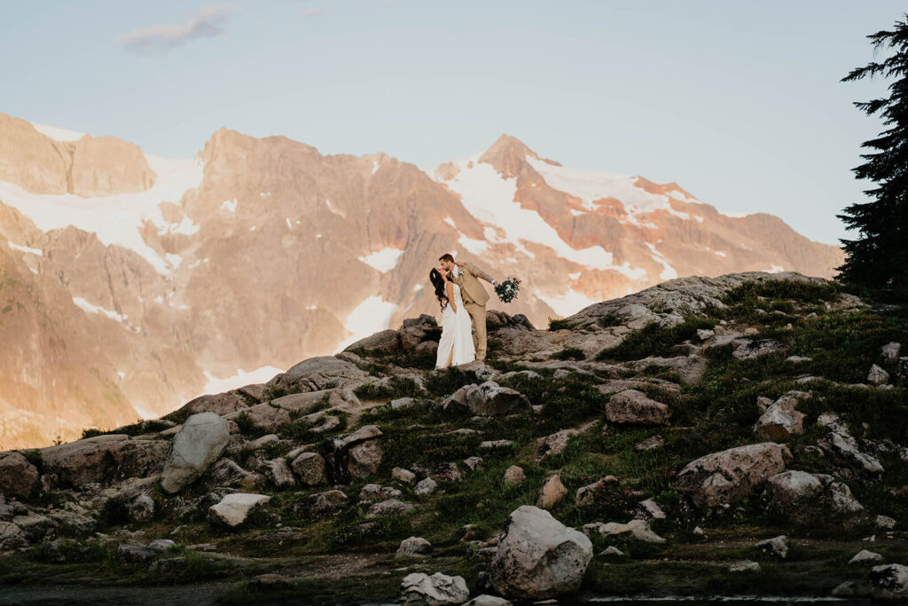 Bride and groom kissing during North Cascades elopement