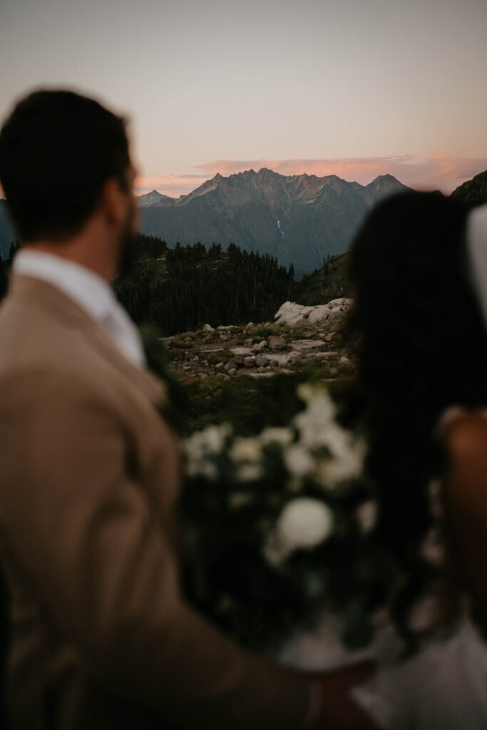 Bride and groom looking out at the mountains after Washington elopement at Artist Point