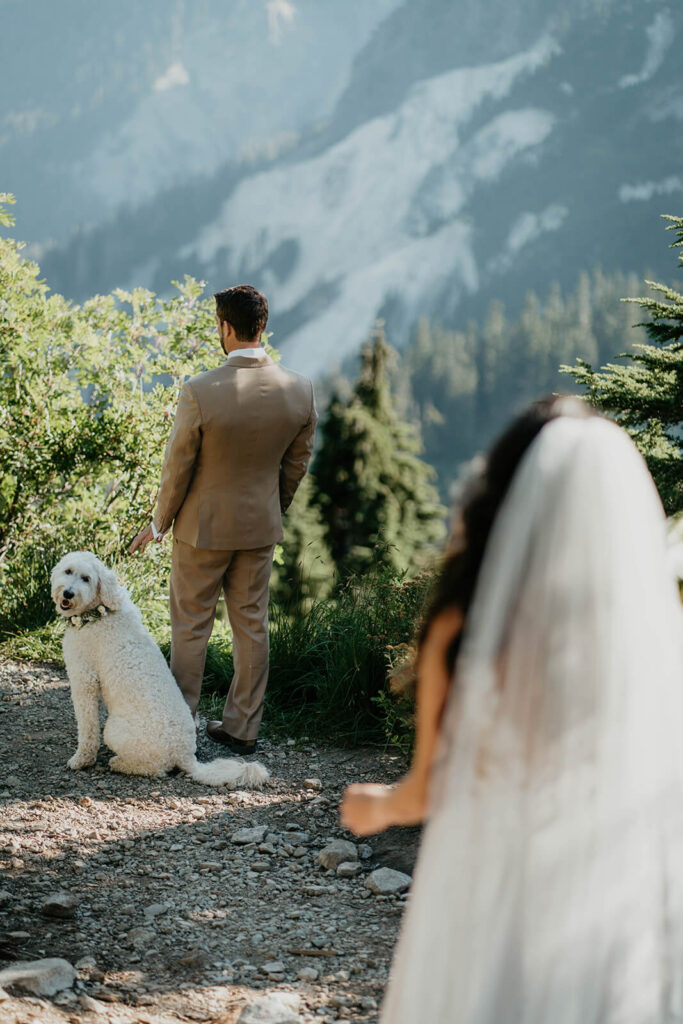 Bride walking up to golden doodle and groom for first look photos in the North Cascades