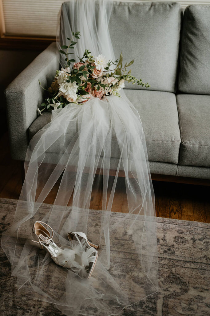 White veil and wedding shoes