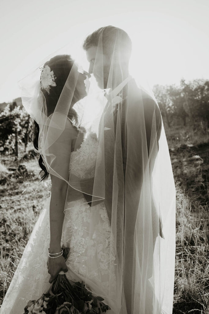Bride and groom couple portraits under a veil