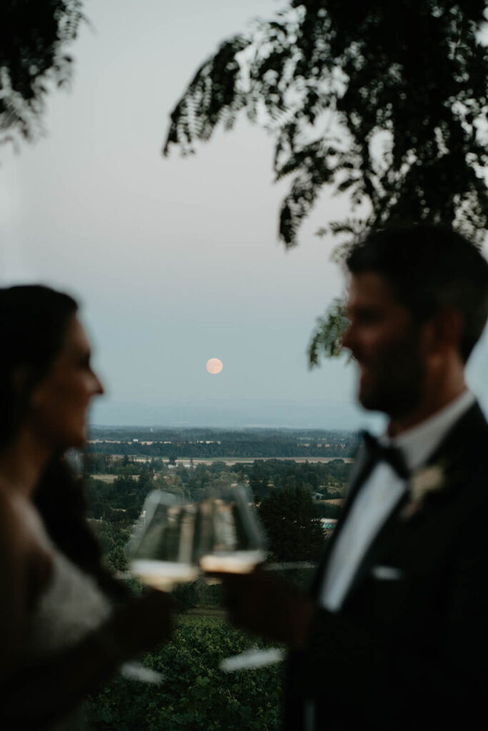 Bride and groom toasting with wine glasses at Oregon vineyard wedding