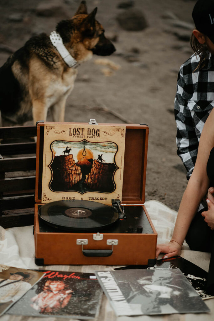 Portable record player at Mt Hood with Lost Dog album playing