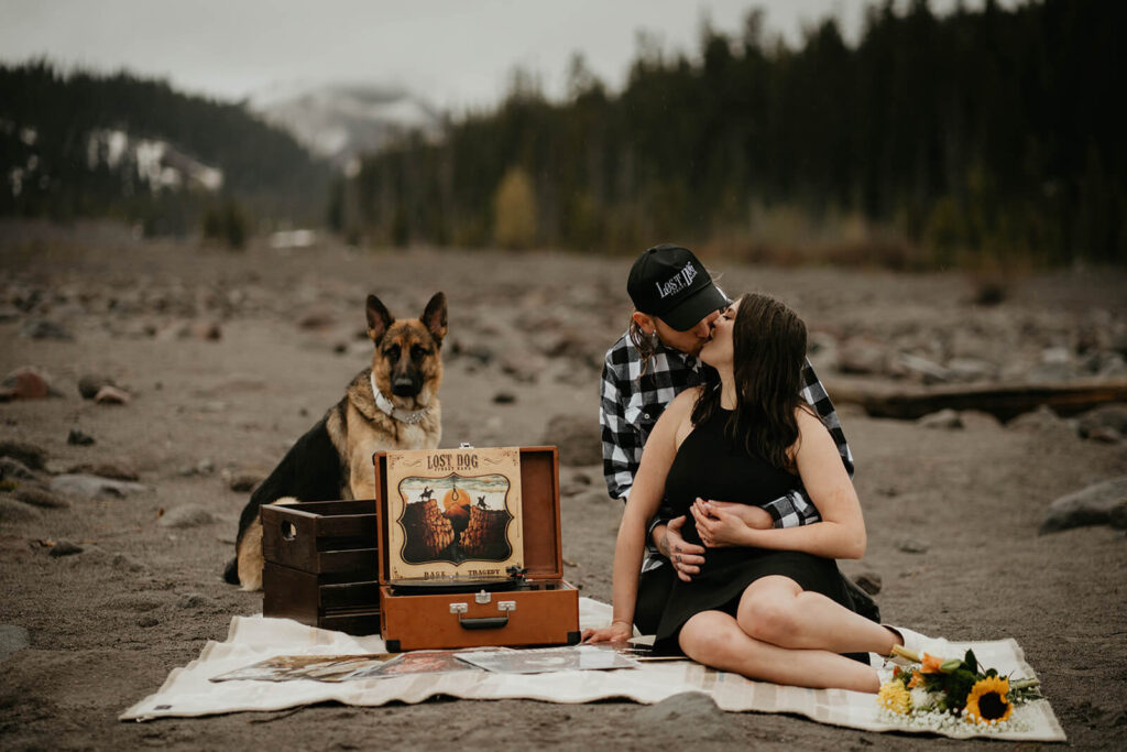 Couple kisses during Mt Hood engagement session