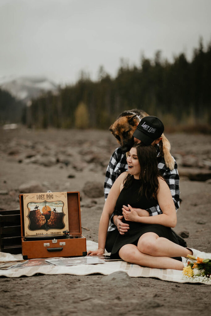 Dog jumps on couple during Mt Hood engagement session