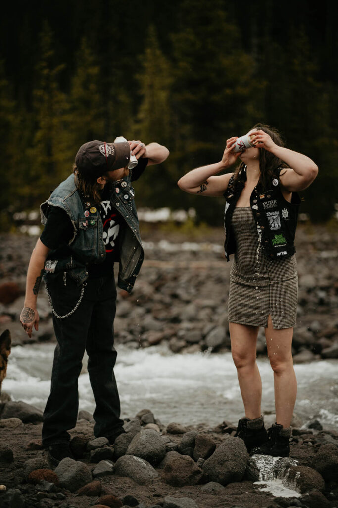 Couple shotgunning a beer during Mt Hood engagement session