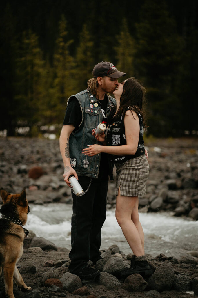 Couple kissing during Mt Hood engagement session