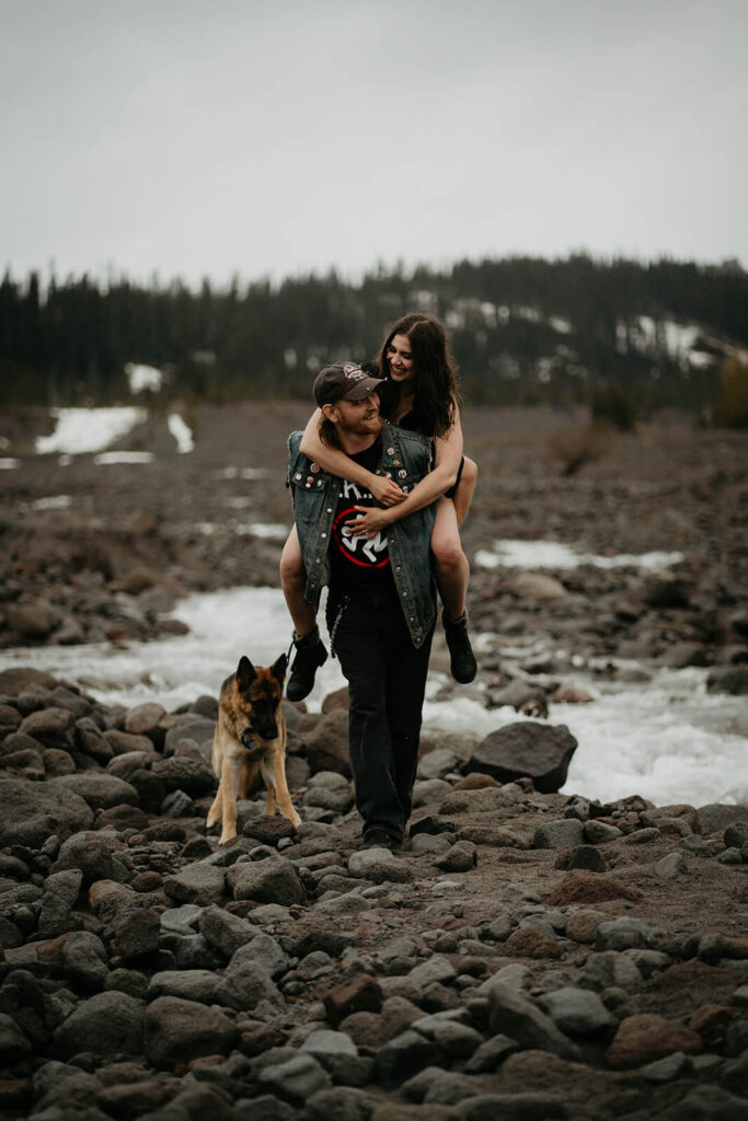 Couple portraits with their dog at Mt Hood