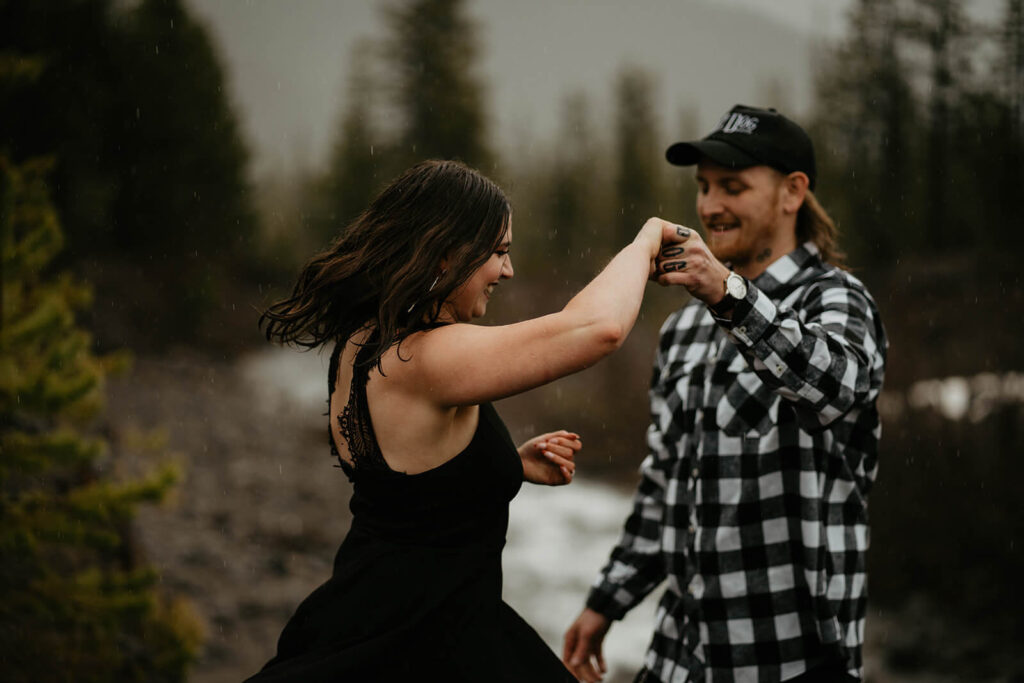 Couple dancing during unique engagement photos at Mt Hood