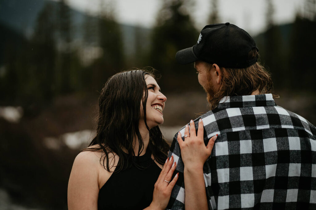 Couple smiling during Unique engagement photos at Mt Hood