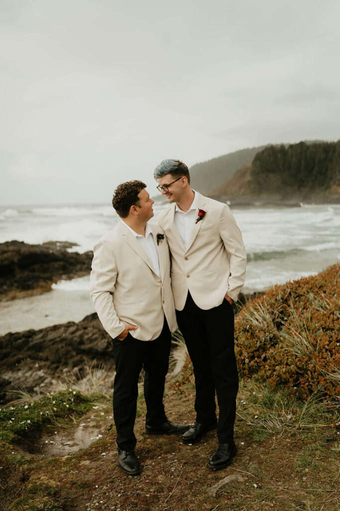 Groom portraits after elopement ceremony on the Oregon Coast