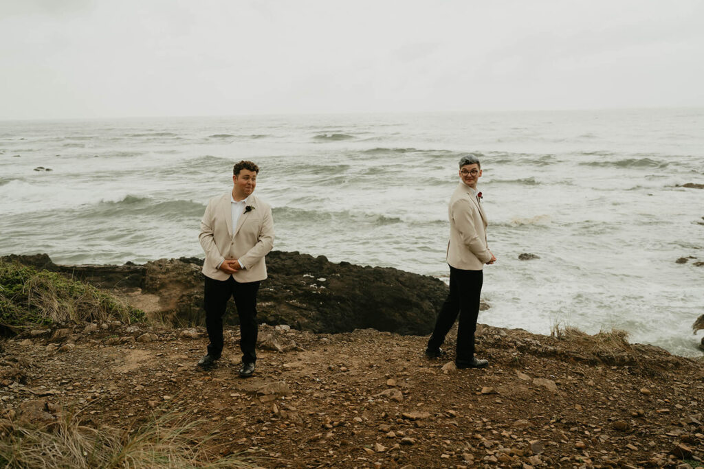 Two grooms first look on the Oregon Coast
