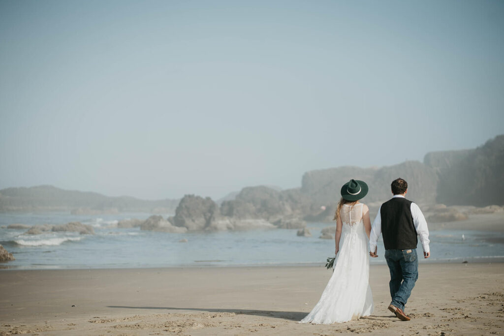 Bride and groom intimate beach wedding portraits on the Oregon Coast