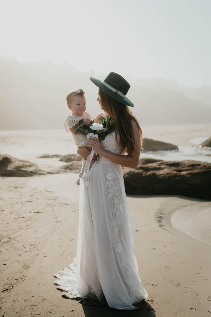 Bride and daughter wedding portraits on the Oregon coast