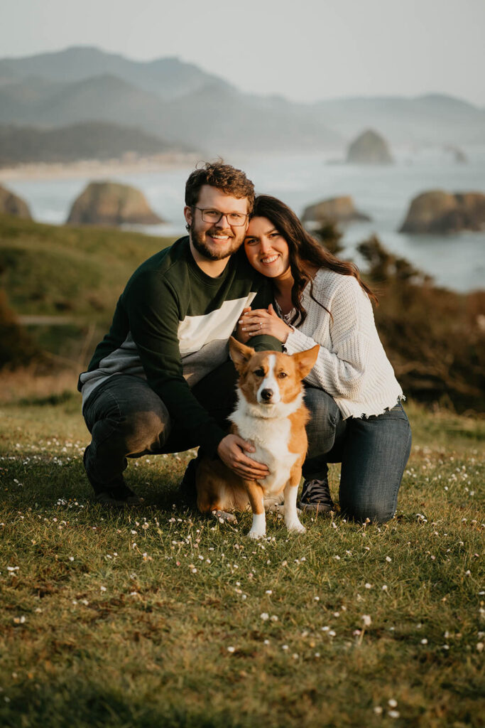 Couple portraits with their dog at Cannon Beach