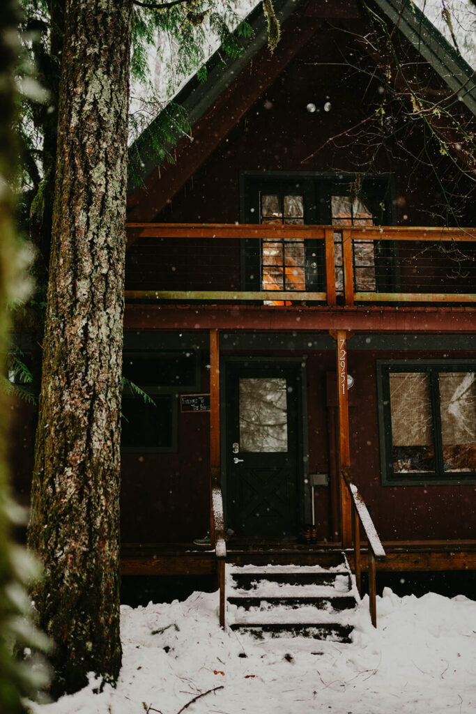 Dark moody wedding cabin in the snow