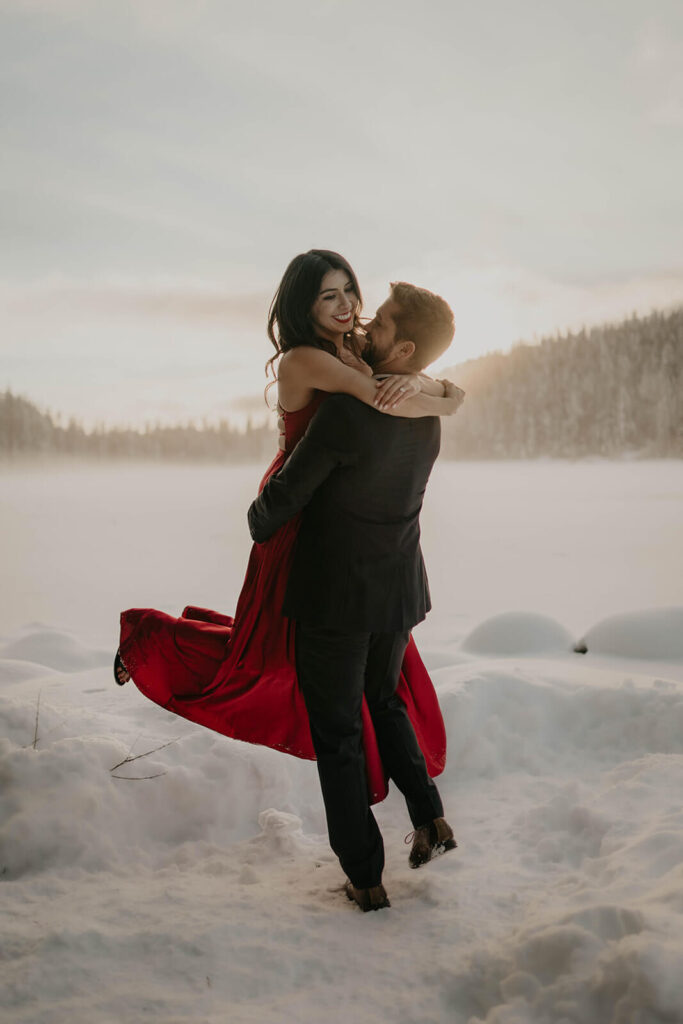 Engagement photos red dress at Mount Hood