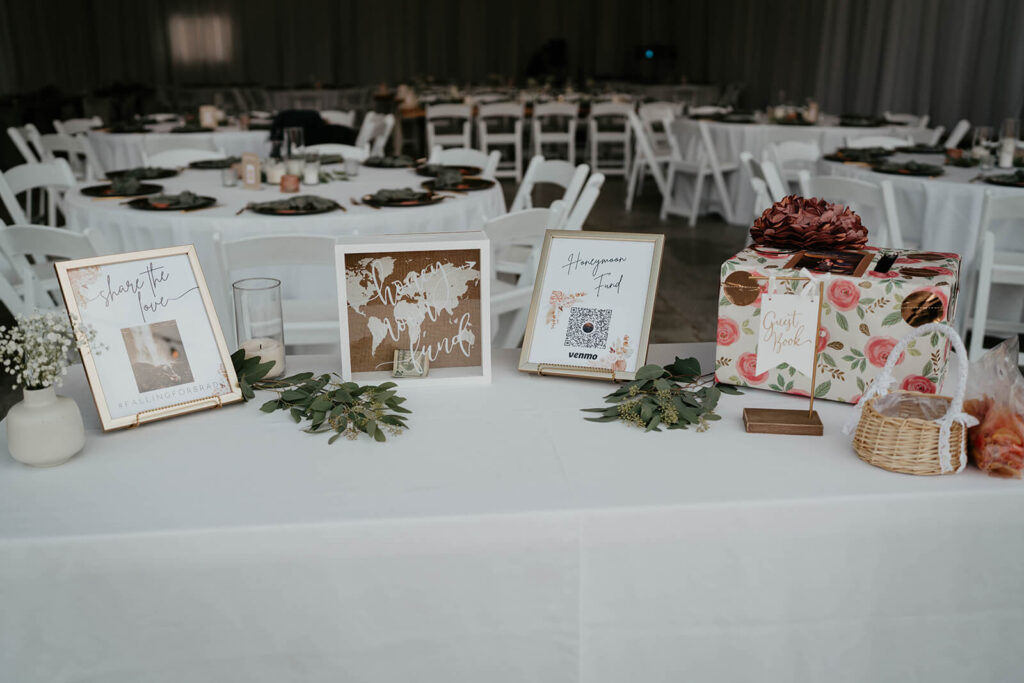 Wedding reception welcome table at wedding in Washington