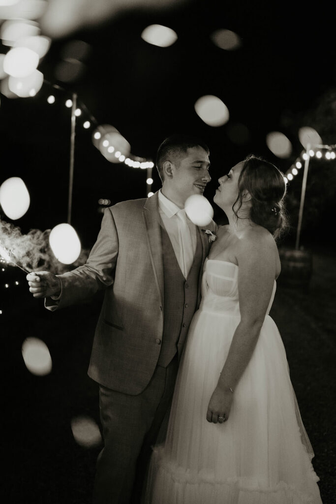 Bride and groom holding sparklers at the end of their wedding in Washington