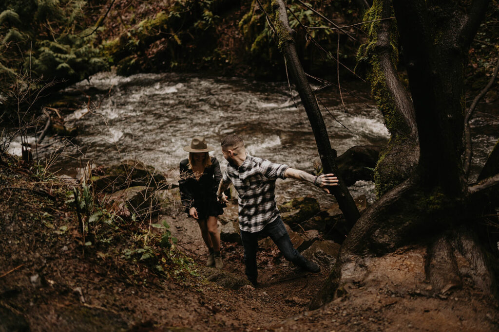 Adventure engagement photos at Latourell Falls in Oregon