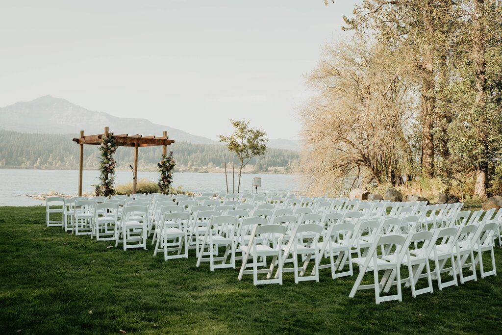 Fall wedding ceremony setup by the Columbia River
