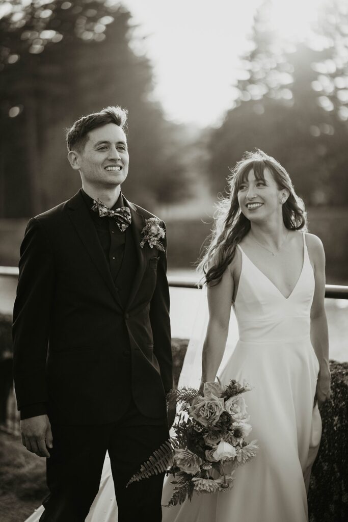 Bride and groom wedding portraits by the Columbia River in Oregon