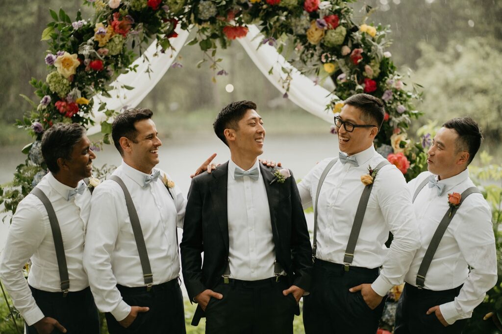 Groom and groomsmen at Asian wedding in Oregon