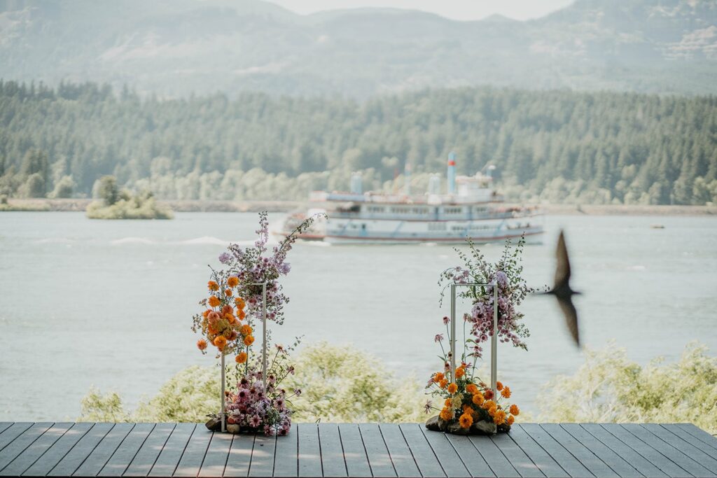 Colorful wedding flowers sitting on the banks of the Columbia River