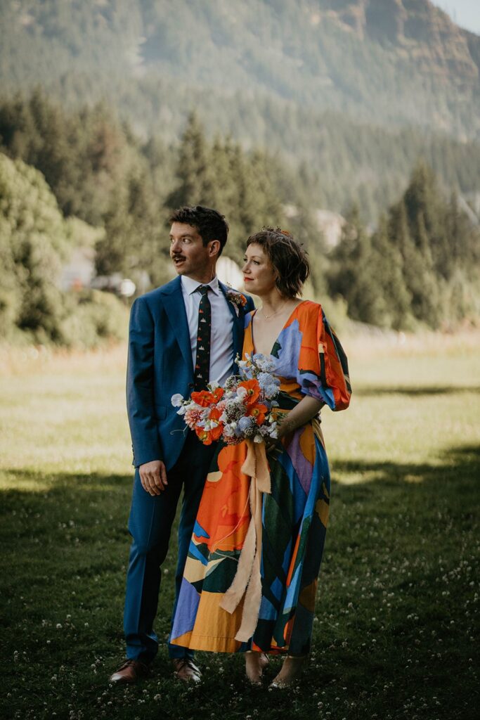 Bride and groom wedding portraits at Cascade Locks