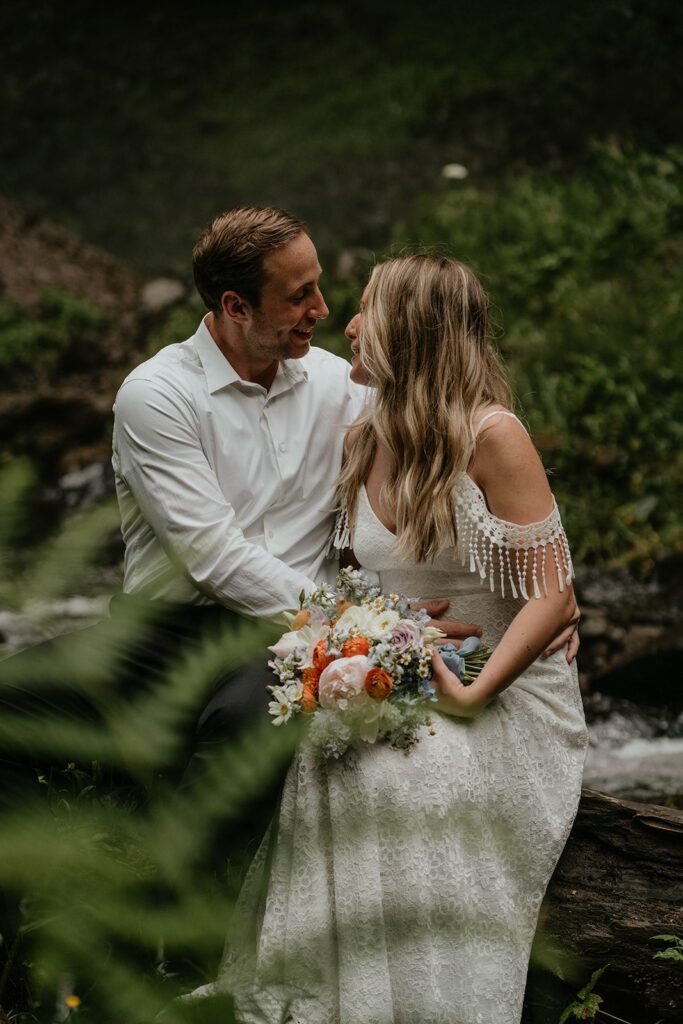 Bride and groom Oregon elopement portraits at Latourell Falls