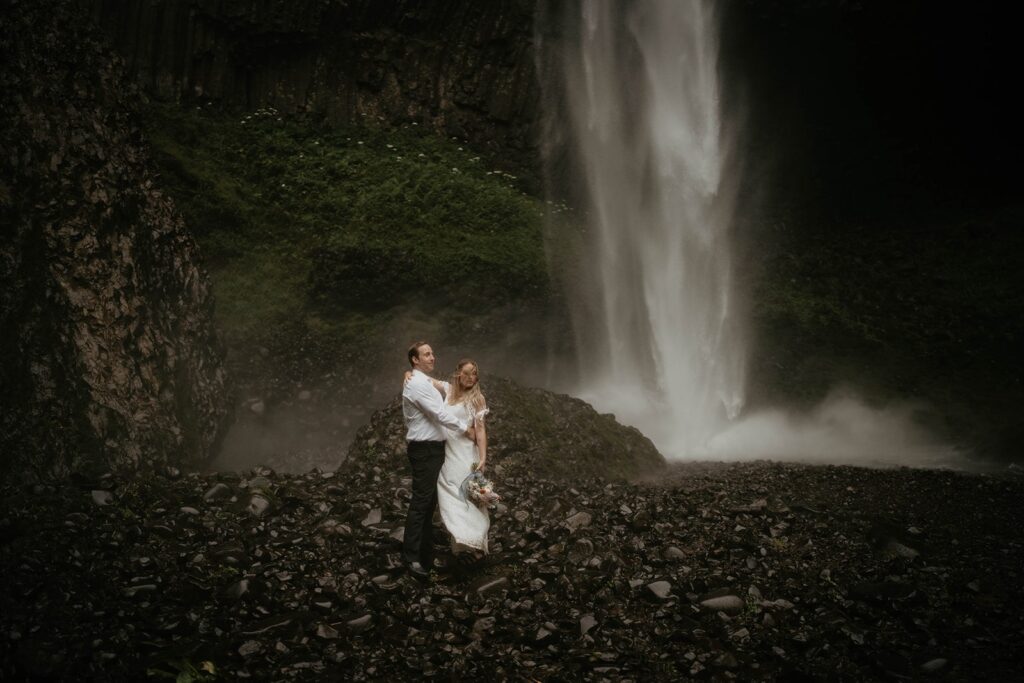 Bride and groom Latourell Falls elopement portraits