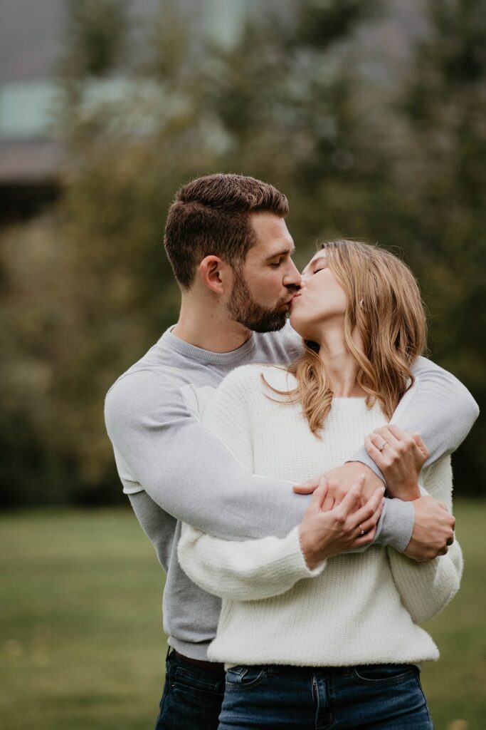 Couple kissing during Cathedral Park, Oregon engagement photos