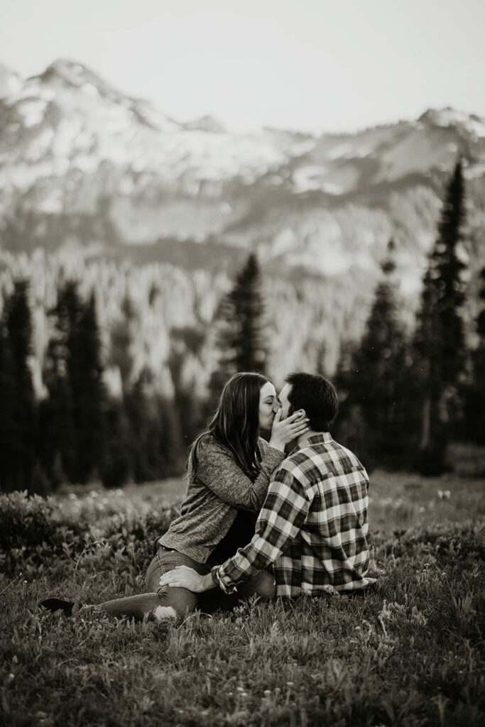 Couple kissing during Mt Rainier engagement photos at Paradise