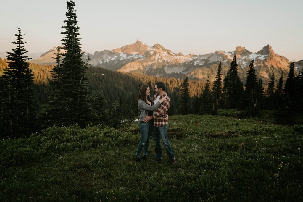 Sunset photos during hiking engagement session at Mt Rainier