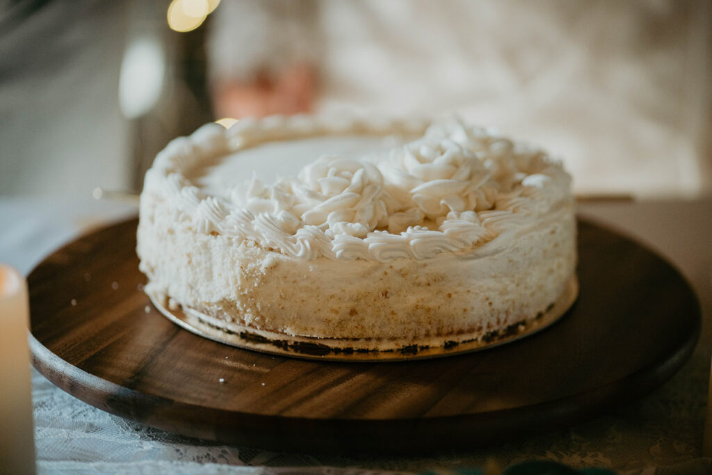 A white wedding cake. 