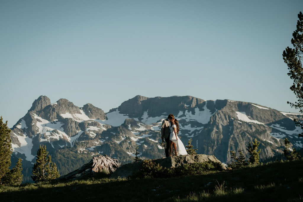 The couple kissing with Mt Rainier in the background. 
